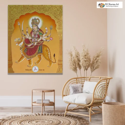 "Divine Protector: God and Goddess Sherawali Mata Painting in Oil"