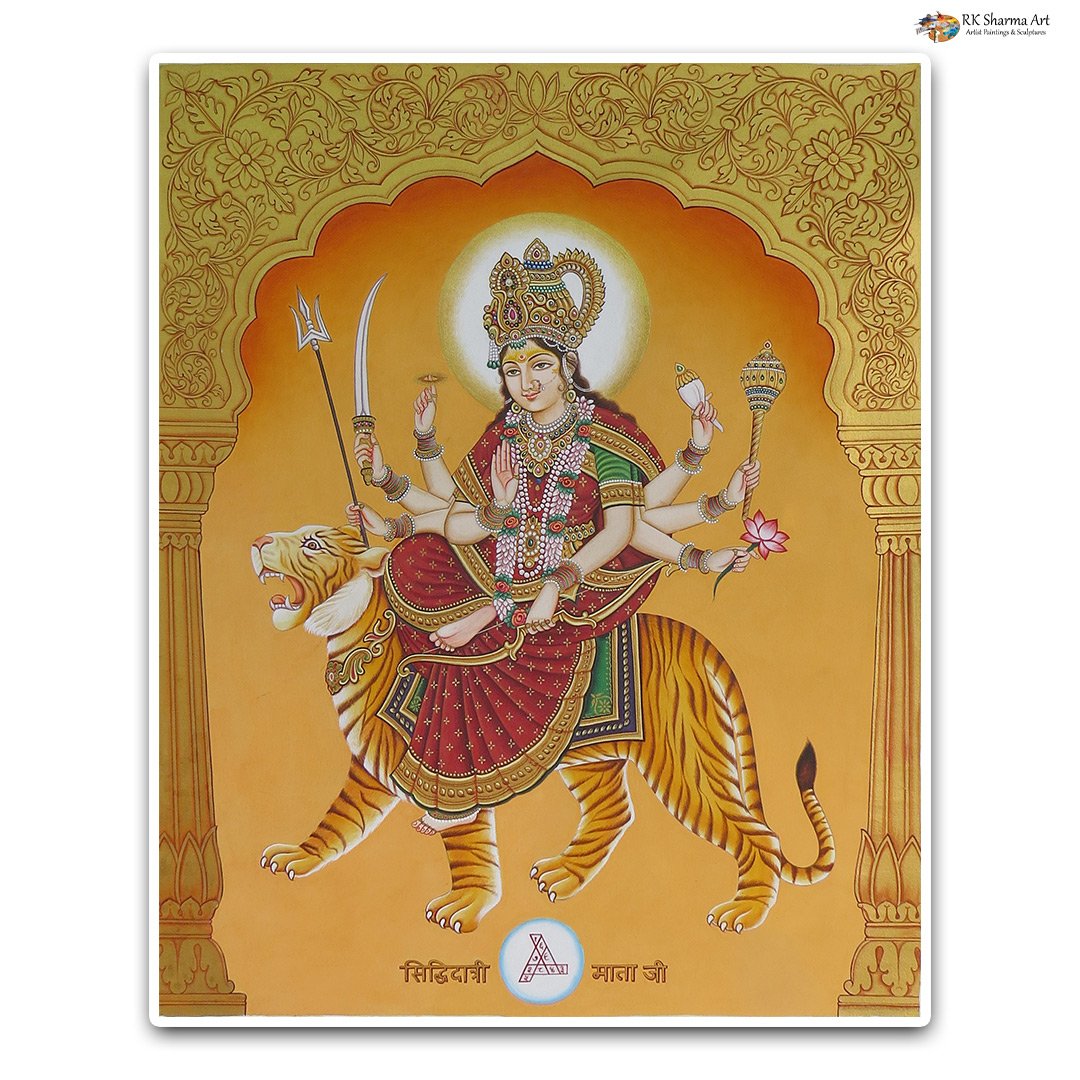 Divine Protector God and Goddess Sherawali Mata Painting in Oil
